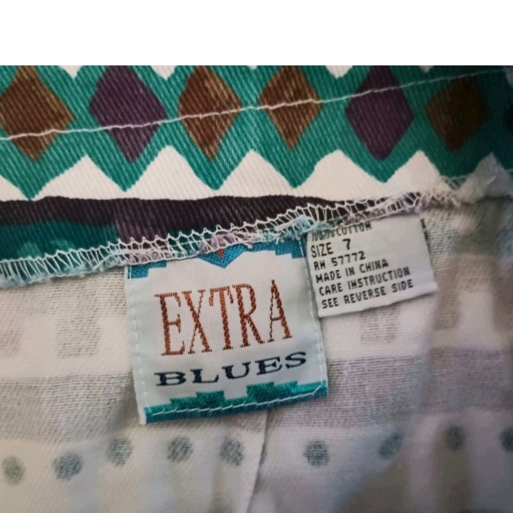 Vtg 90s Extra Blues Southwestern Mini Wrap Skirt Juniors 7 Aztec Fringe Eclectic - Picture 4 of 6